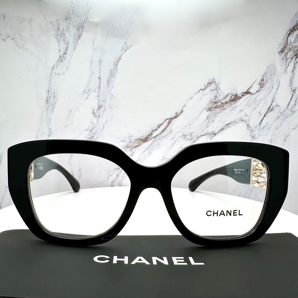 New CHANEL Eyeglasses Black Gold Cat Eye Clear Rotating Pearls 52mm - Picture 5 of 15